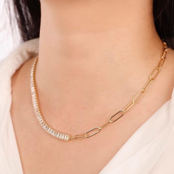 #69 - 18K Gold Coffee Bean Chain Half Chain Half CZ Crystal Choker Necklace - Picture 2 of 4